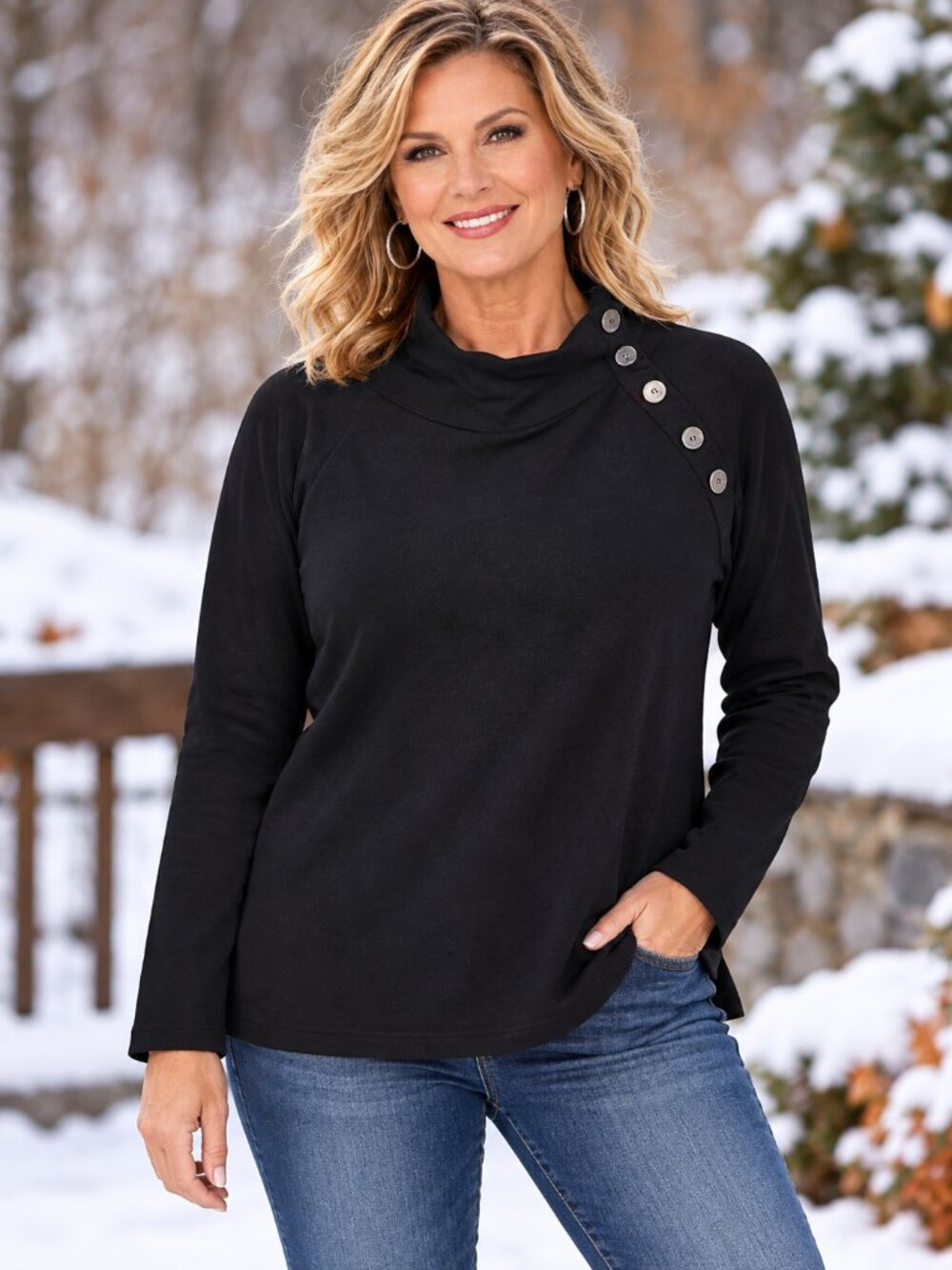 J. CREW Sweatshirt Tunic Button-Up Cowl Neck 60% Cotton Black NWOT XL
